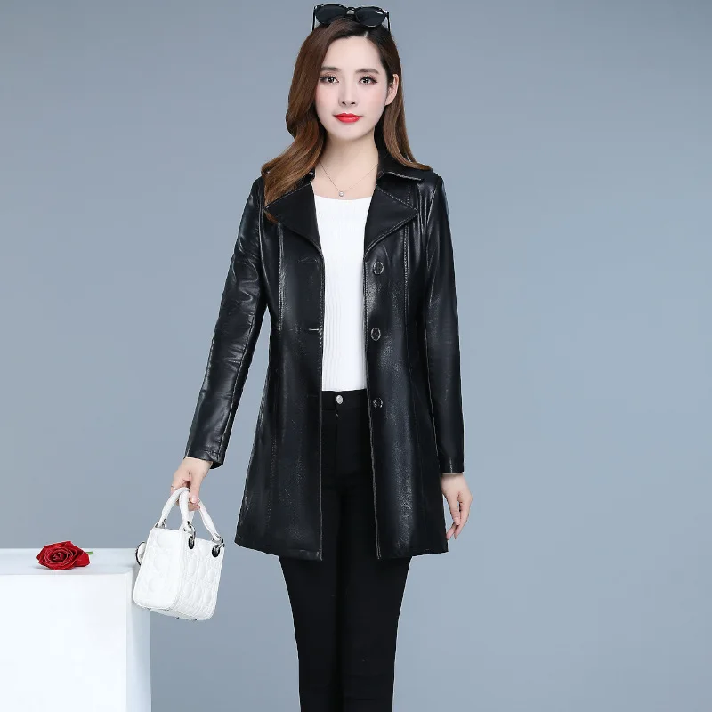 Goede L 6XLWomen s Leather Jacket 2019 Winter Nieuwe Vrouwen Jas Vrouwelijke Slanke Turn Kraag PU Leren Jas Hoge Kwaliteit