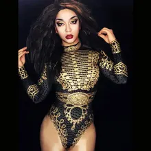 Glisten Black Gold Crystals Bodysuit Women’s Long Sleeves Outfit Dance Stage Show Nightclub Costume Singer nice Leotard Wear