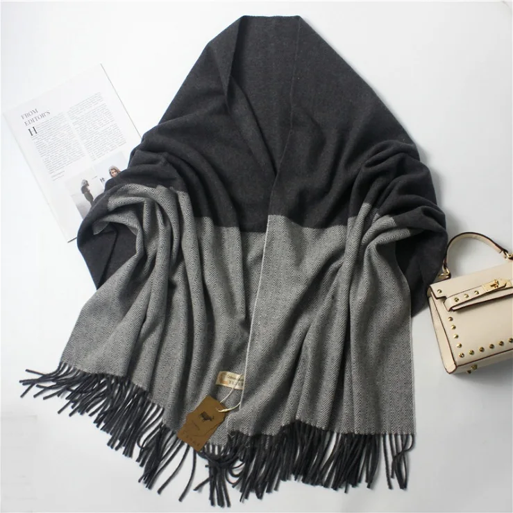 Женский зимний шарф, теплые кашемировые шафры-платки с кисточками, шарф для женщин, плотная Шерстяная накидка для дам, черная Пашмина, утолщенная - Цвет: Темно-серый