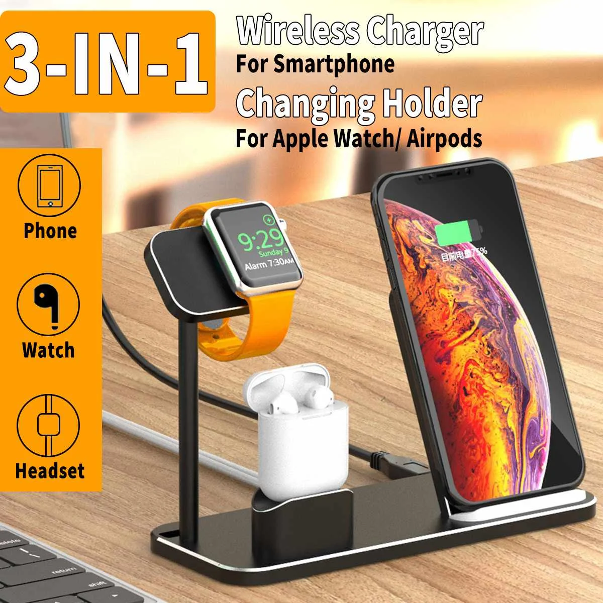 

Aluminium Alloy 3 In 1 10W Qi Wireless Charger Charging Dock Station Phone Stand Holder For iPhone for Apple Watch for AirPods