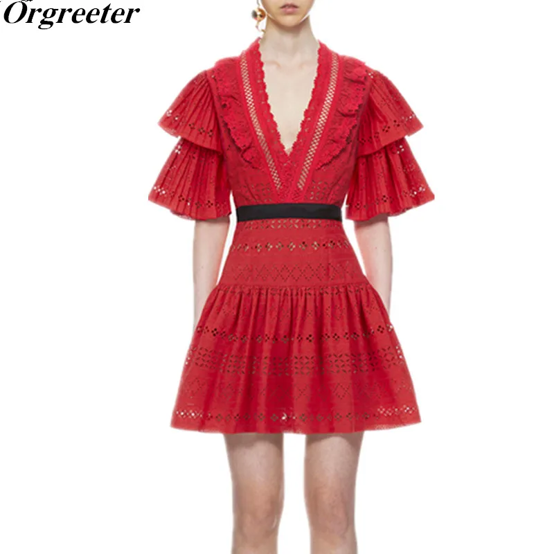 

Orgreeter High-end custom SP Women Lace Dress 2018 Autumn New Short Sleeve Sexy Deep V-neck Red/White Christmas Lace Dress