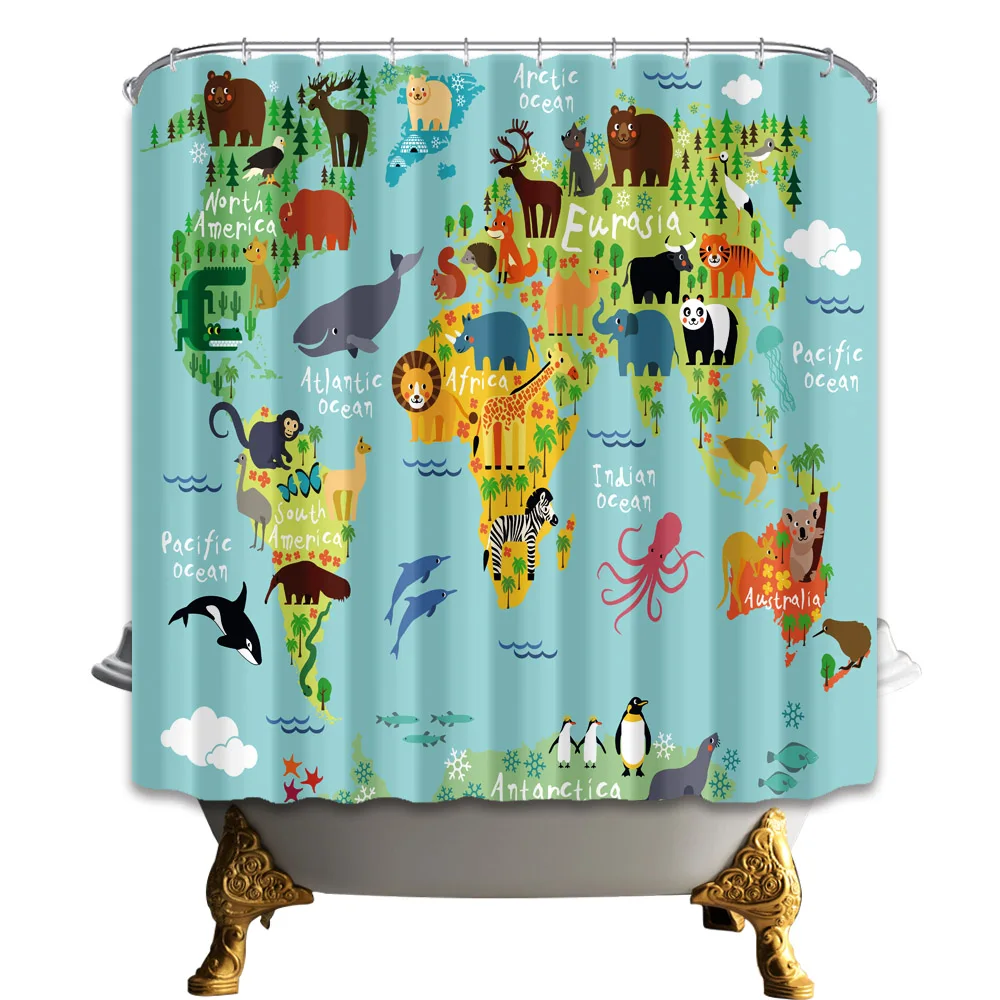Buy Shower Curtain Cartoon World Map Animal