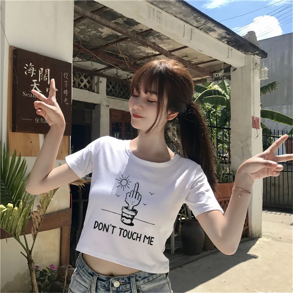 Новинка 2019 короткий рукав укороченный топ Женская Футболка harajuku Don't Touch Me