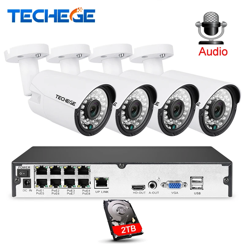 Techege 8CH 1080 P система видеонаблюдения Аудио запись 2MP 3000TVL PoE IP камера