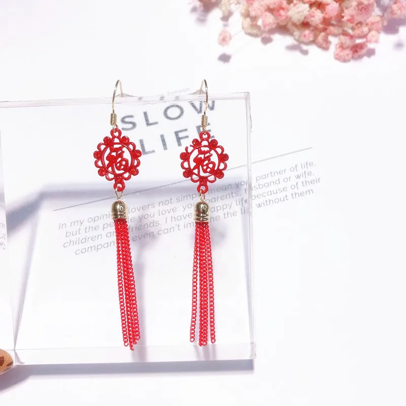 Red Lantern Chinese Knot Long Earrings Retro Chinese Style Festive Tassel Earrings New Year Women Fashion Jewelry Accessories