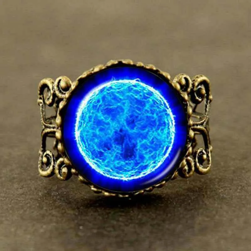 New Blue Space Acciaio Placcato Vetro Cabochon Galaxy Ring Planet Statement Nebula Women