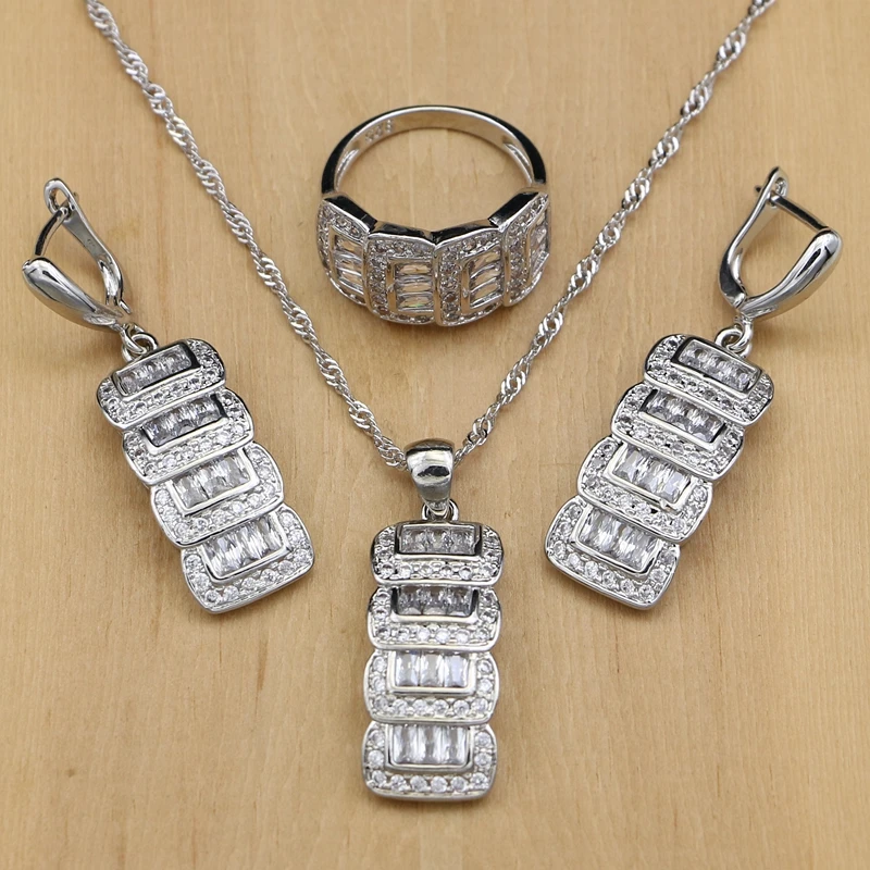Silver 925 Bridal Jewelry Cubic Zirconia Beads Jewelry Sets For Women Wedding Accessories EarringsPendantRingsNecklace Set  (3)
