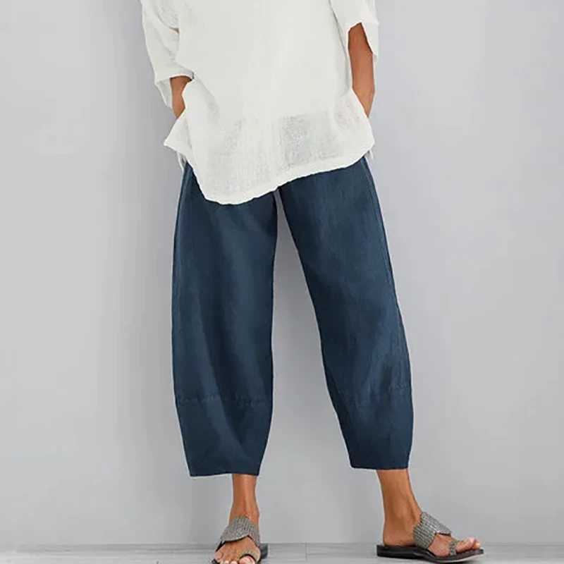

2019 Women Oversized Trousers Loose Elastic Waist Pockets Ankle Length Comfy Pants Vintage Cotton Linen Striped Turnip Pantalon