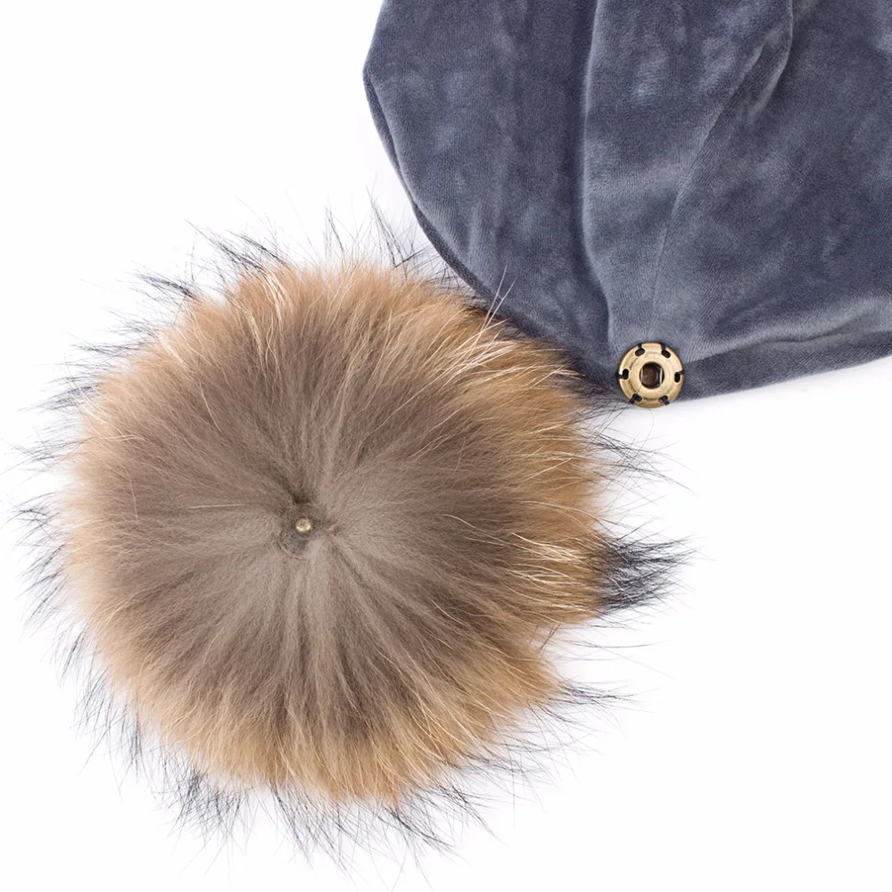 Geebro Women's Pom Pom Beanie Hat Casual Velvet Skullies Beanies Polyester Knitted Hats Warm Raccoon Fur Pompom Beanies Hat 6
