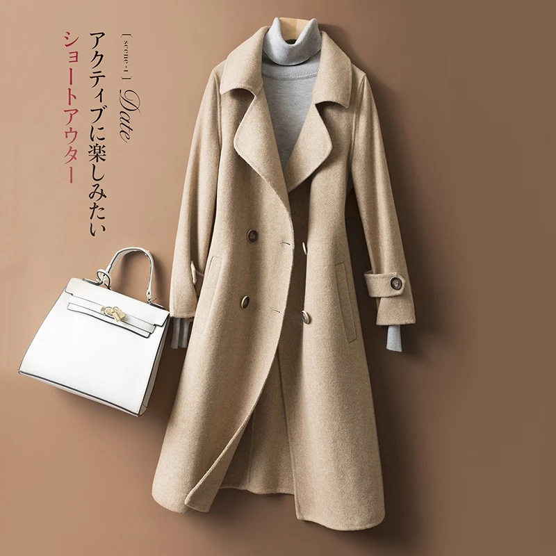 

2018 autumn and winter new simple woolen coat female cardigan woolen coat fashion ladies long windbreaker cardigan coat khaki