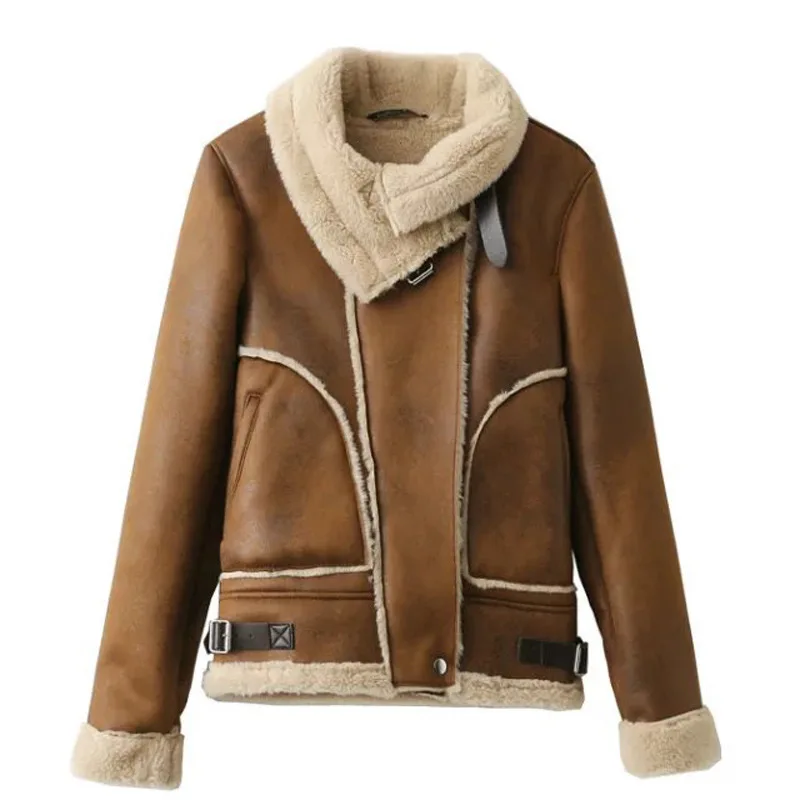 

thick warm coat jacket teddy coat motocycle style brown belt