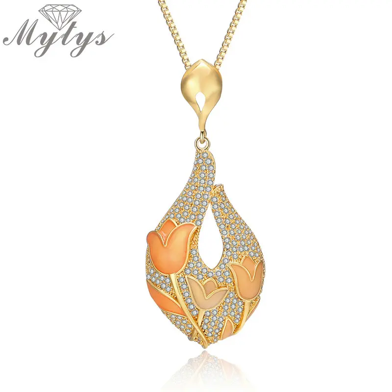 Mytys Enamel Graceful Tulips Flower Pattern Pave Setting CZ Pendant Necklace for Women Sparkling Gorgeous Gold CN406 | Украшения и