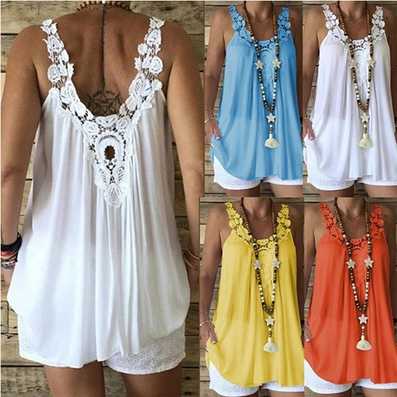 

Fashion Women V-Neck Lace Top Loose Tank Camisa Feminina Elegant Sleeveless Summer Vest Debardeur Femme Tank Tee