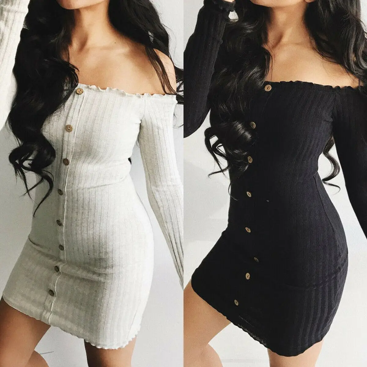 

Women Mini Dress Button Solid Color Slash Neck Off the Shoulder Bodycon Short Dress Sexy Ladies Evening Party Femme Clubwear