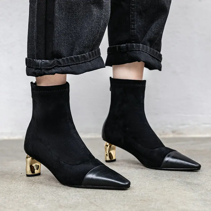 

New Sexy Women Ankle Boots Pointed toe Autumn Winter Women Short Boots Black Brown Boots Metal Heel High Heels Ladies Shoes