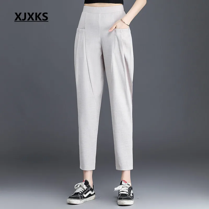 

XJXKS Loose plus size elastic waist women's nine pants 2019 summer new comfortable linen casual women's pants