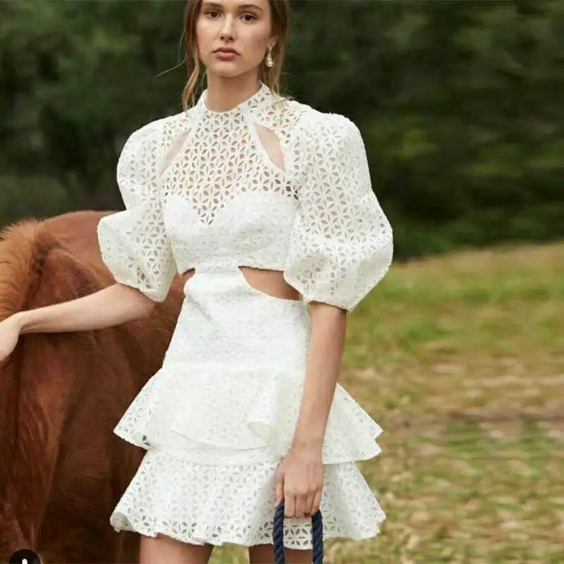 

Hollow out Lace Ruffle Short Mini Dress Puffy Sleeve Mini Women Dresses B6