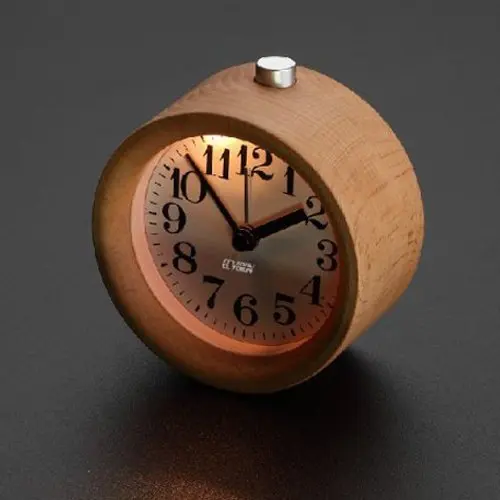 

Handmade Classic Small Round Silent Table Snooze Beech Wood Alarm Clock with Nightlight