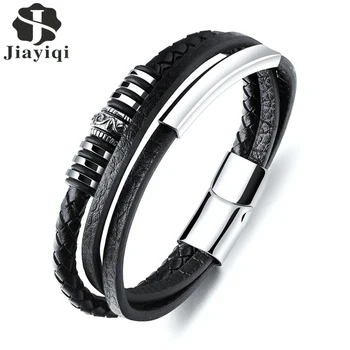 

Jiayiqi Fashion Leather Bracelet For Men Black Braid Multilayer Rope Chain Stainless Steel Magnetic Clasp Male Jewelry Gifts