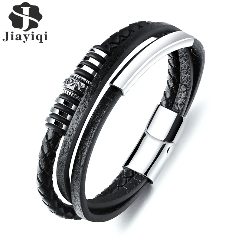 

Jiayiqi Fashion Leather Bracelet for Men Black Braid Multilayer Rope Chain Stainless Steel Magnetic Clasp Male Jewelry Gifts