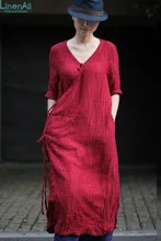 LinenAll.com women’s red autumn senior linen V-neck plate buttons strap long-sleeve loose one-piece dress gown female YIJIU
