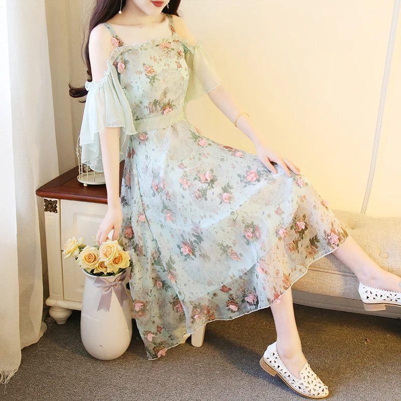 

Summer Vintage Sexy Boho Women Long Dress Off Shoulder Floral Ladies 2019 Elegant Chiffon Female Party Pink Flowy Midi Dresses