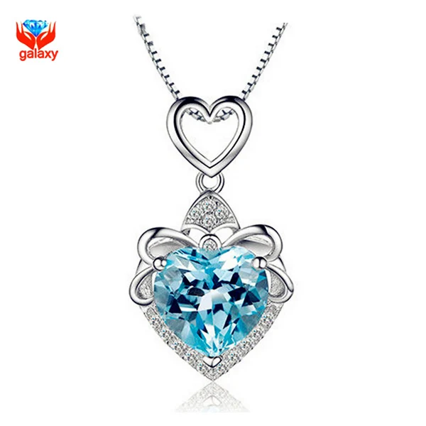 

GALAXY Hot Sale Fashion 925 Sterling Silver Pendant Necklace Women Romantic Heart Blue Crystal Necklace Fashion Jewelry YN093