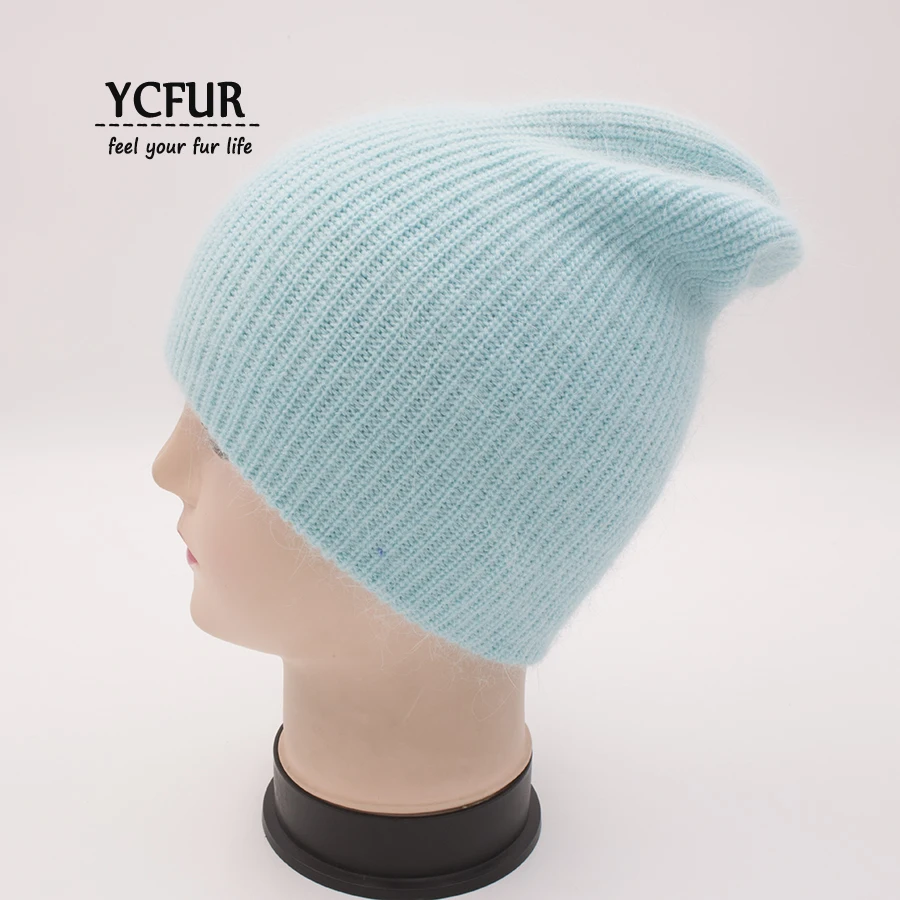 Женская шапка на осень зиму YCFUR вязаная шерстяная из ангорской шерсти с кроличьим