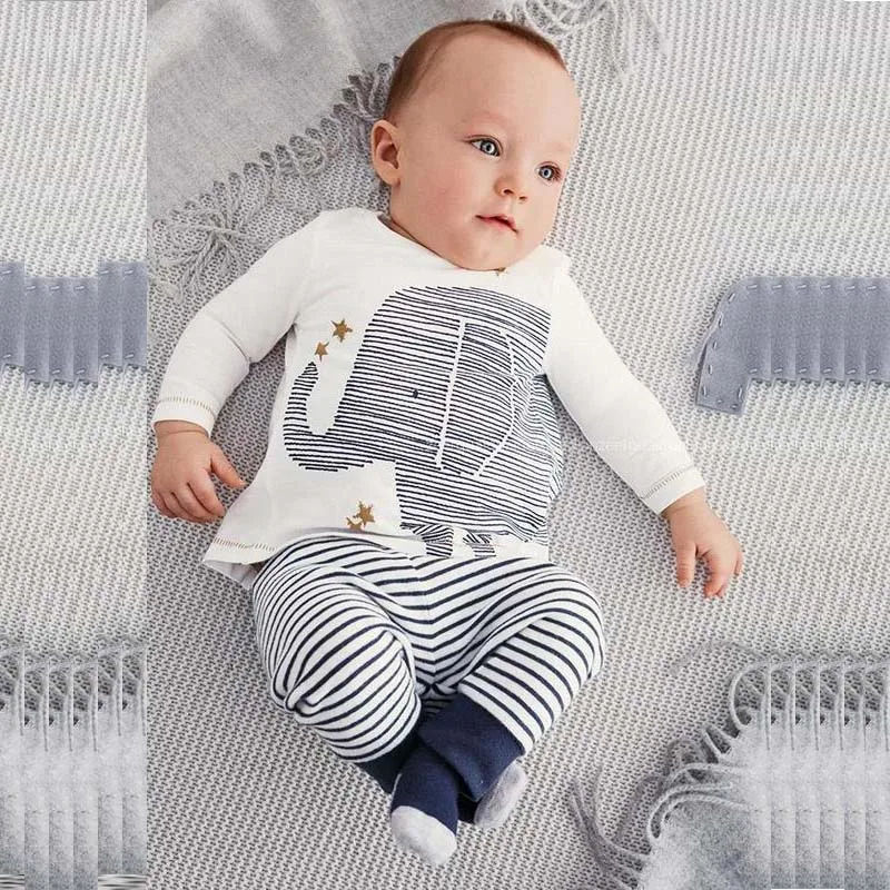 

0-24M Long sleeve cotton baby infant cartoon elephant newborn baby clothes top + pants 2pcs clothing set new 2015