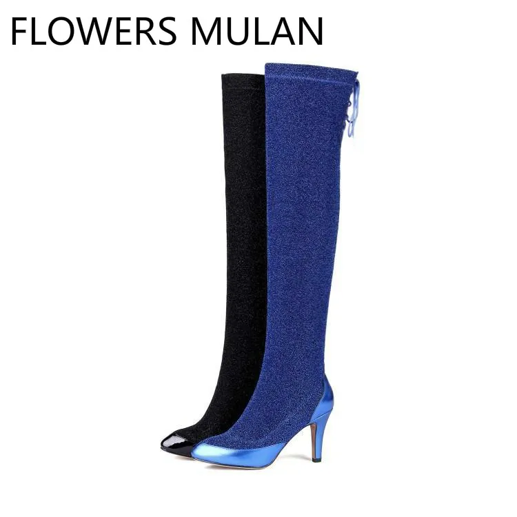 

Fashion Designers Bling Leather Pointed Toe Sequined Stretch Fabric Sock Boots For Women High Heels Ladies Booties Thigh High