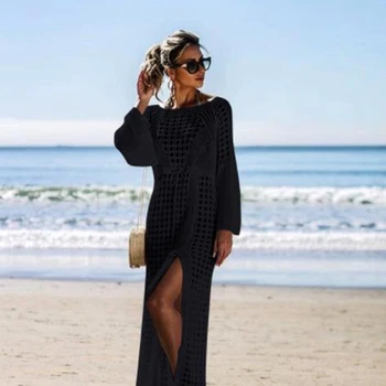 

Women Long Sleeve Hollow Out Knitted Crochet Bikini Swimsuit Cover Up Dress