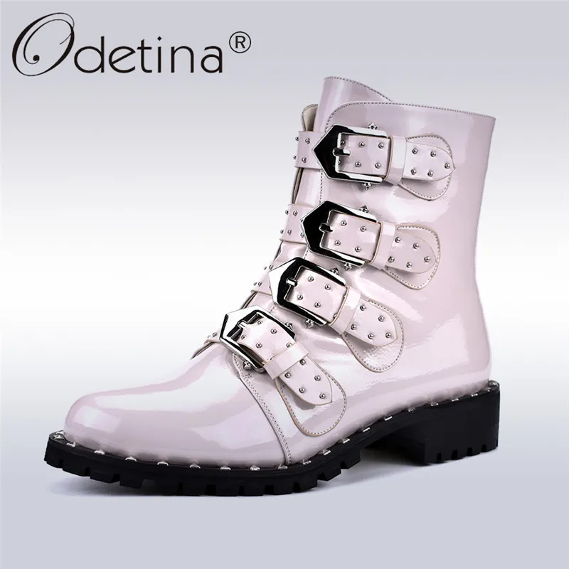 

Odetina Autumn Winter Patent Leather Punk Boots Women Buckle Rivet Fashion Boots Female Ankle Boots Soft Low Heel Side Zip Shoes
