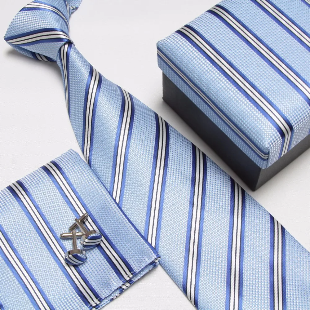  striped neck tie set necktie cufflinks men's ties sets gift box Handkerchiefs Pocket square cravat