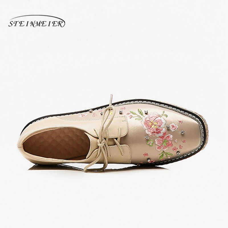 Broderie Dames Femmes Pour Derbies Beige Véritable forme Femme Vintage black Plate Oxford Cuir Appartements Chaussures Casual En De ttxPwqHr1