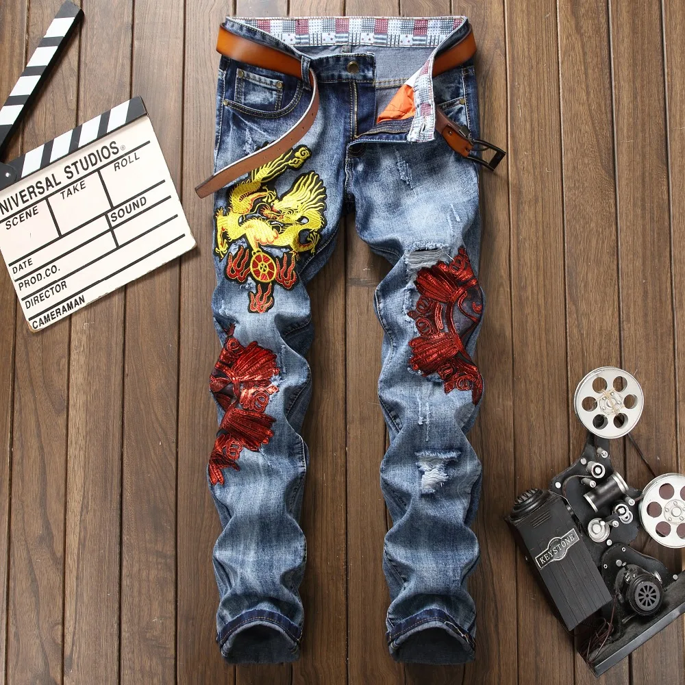 MORUANCLE Fashion font b Men b font Embroidered font b Jeans b font Slim Fit Straight