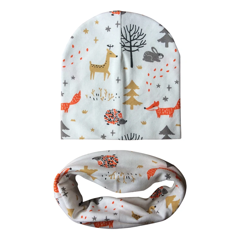 

Autumn Winter Baby Boy Girl Cartoon Pattern Cotton Hat And Scarf Set Printting Children Caps Bonnet