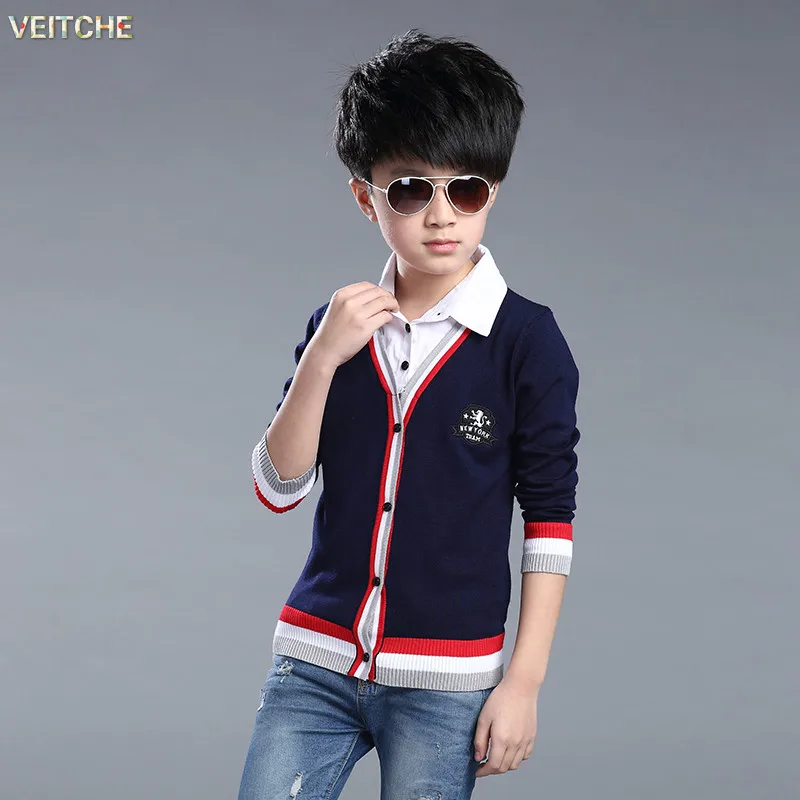 

2017 New Spring Boy's V-Neck Sweater Boy Kids' Knitted Sweater Cardigan Teenager's Sweater Coat with Patch Design Fashion Style
