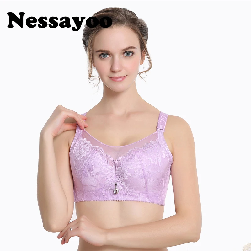 

Nessayoo Lace-Trim Printed Adjustable Breathable Gather Thin Bras Lace Full Cup 42E 44E 46E Plus Size Bra brassiere big bra XXX