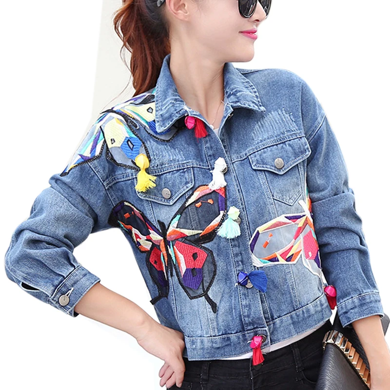Colorful Butterfly Embroidery Ladies Jean Jackets Patch Designs Womens