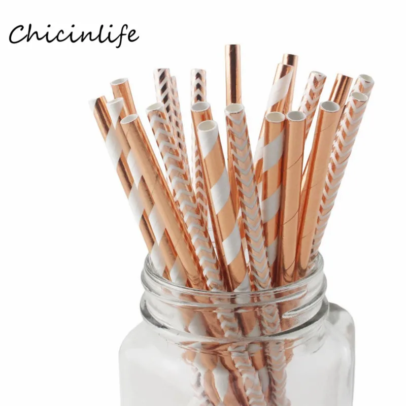 

Chicinlife 25pcs Rose gold Striped Straw Wedding Baby Shower Party Decoration Drinking Paper Straws Birthday Party Supplies