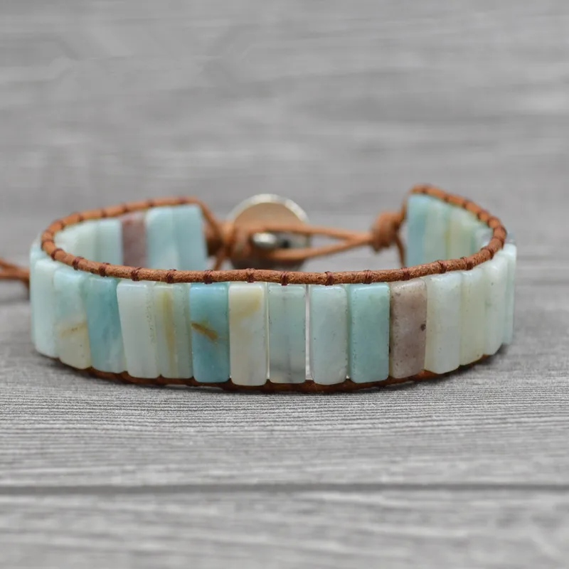 

Handmade Boho Amazonite Bracelet Single Vintage Leather Wrap Bracelet Semi Precious Stone Beaded Cuff Bracelet Drop shipping