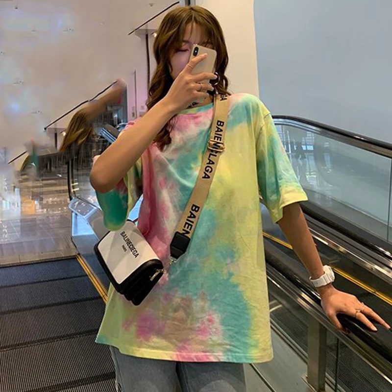 

Harajuku 2019 Korean Clothing Summer T-shirts Tie Dye Colored Tshirt For Women Oversize Funny T Shirt 100% Cotton Tees Women