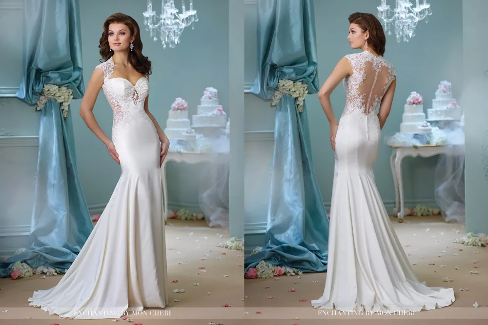 2016 Sheath Mermaid Wedding Dresses Queen Anne Neckline Illusion