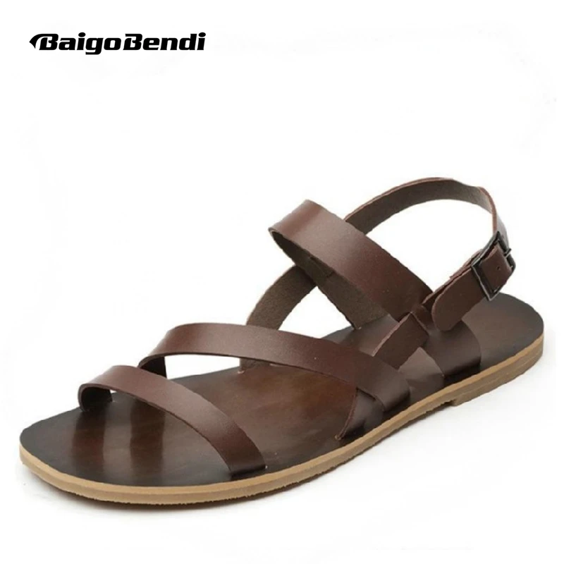 

REAL Leather Mens Cross Tied Sandals Summer Beach casual Buckle Strap slipper shoes