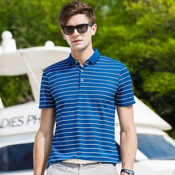 

Men short sleeve Poloshirts shirt with Stripes 2019 Summer New Casual Tops Tee soft silk basic style Blue 38198