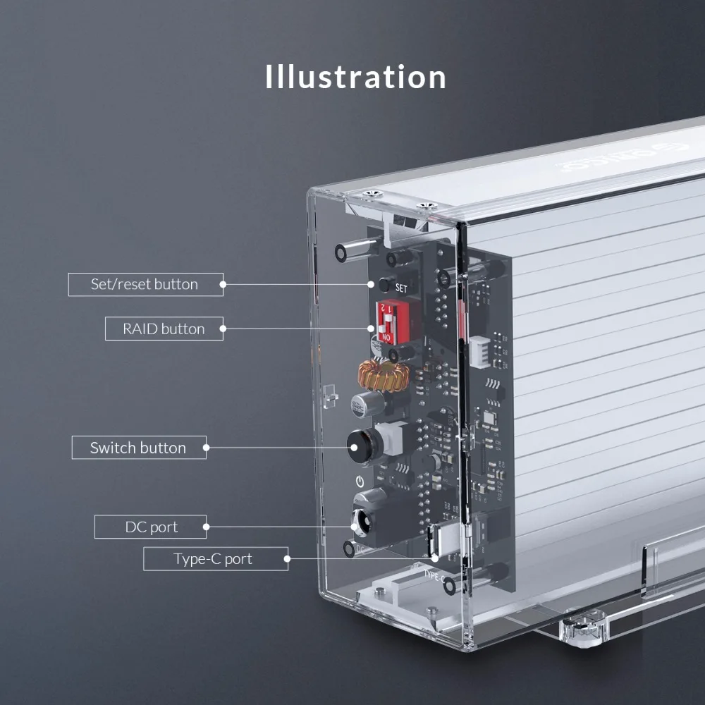 ORICO 3,5 ''двойной жесткий диск с RAID 0 1 PM SPAN прозрачный SATA HDD чехол с 24 ТБ емкость 12V3A адаптер питания