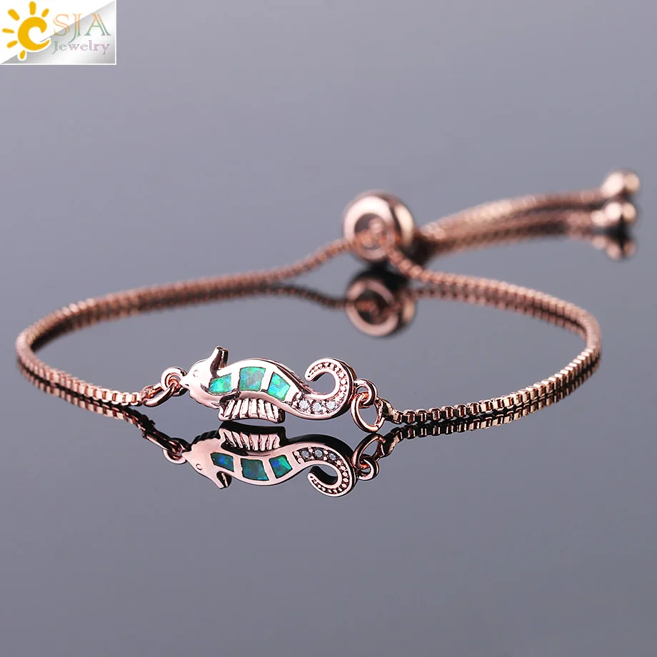 

CSJA Fire Opal Seahorse Dainty Bracelets Bangles for Girl Rose Gold Silver Color Crystal Zircon Adjustable Wedding Jewelry F467