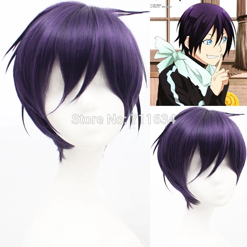 Дешево Аниме Стиль Черный Фиолетовый Noragami Йато короткие синтетические волосы косплэй костюм парик + парик кепки