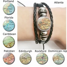 Portland Map Black Beather Bracelet , Handmade Glass Cabochon Florida Caribbean Pakistan World Map Braceletet Fashion Jewelry asian black bear ursus thibetanus in kohistan pakistan