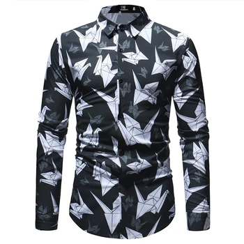 

Fashion Paper Crane Print Shirt Men 2018 New Arrival 3D Hawaiian Shirt Mens Slim Fit Long Sleeve Dress Shirt Male Casual Shirts